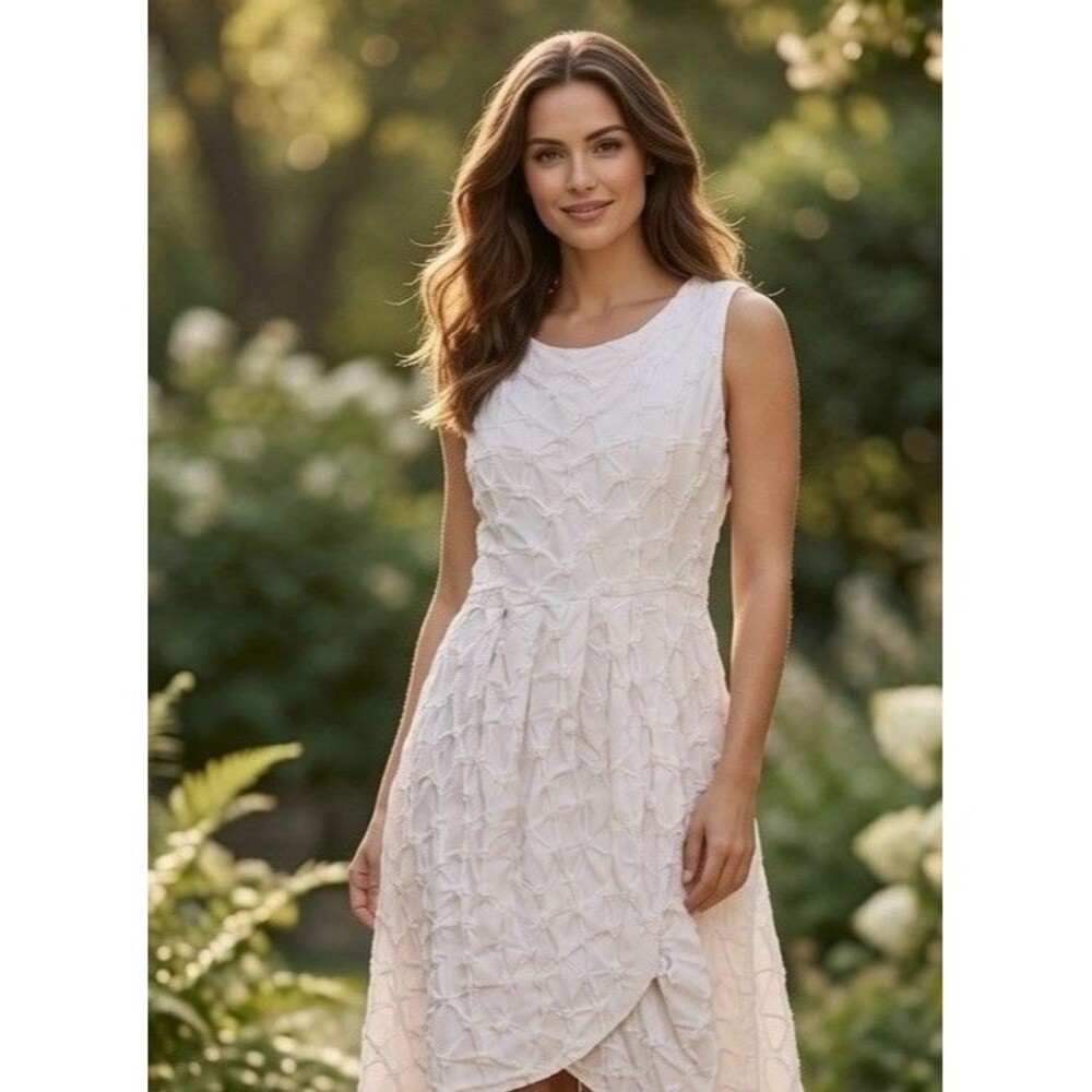 NICHE Nilgun Derman White Textured Dress Pockets Sleeveless Lagenlook Artsy Sz M